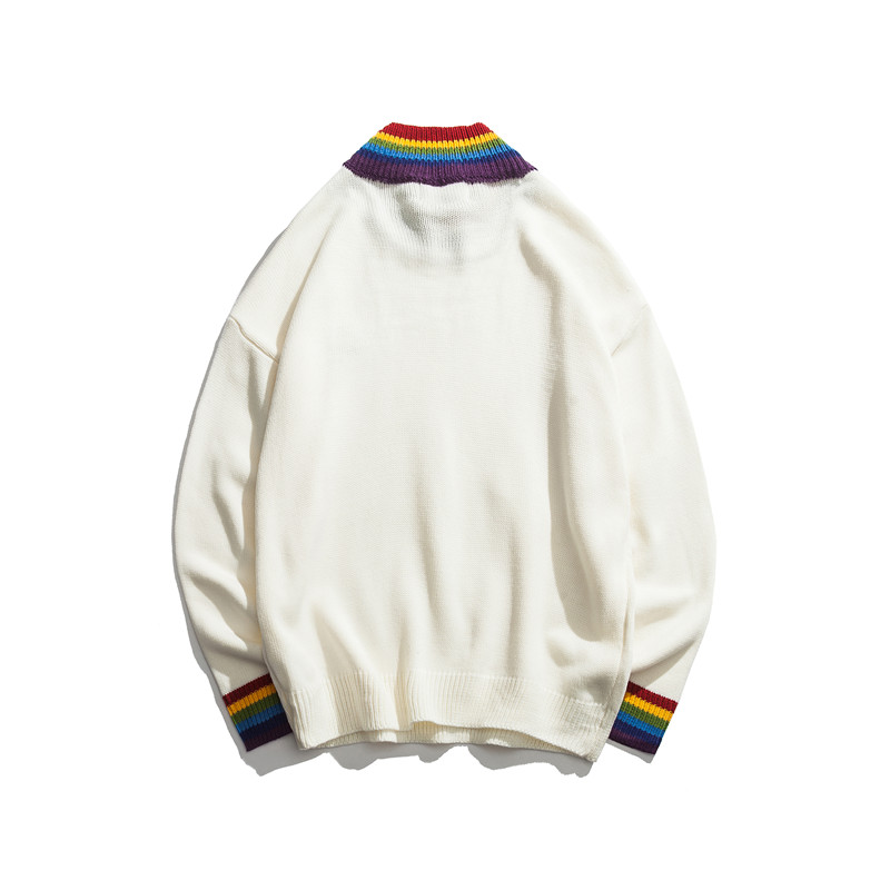 Men's White/Black Knitted Pullover with Rainbow Collar