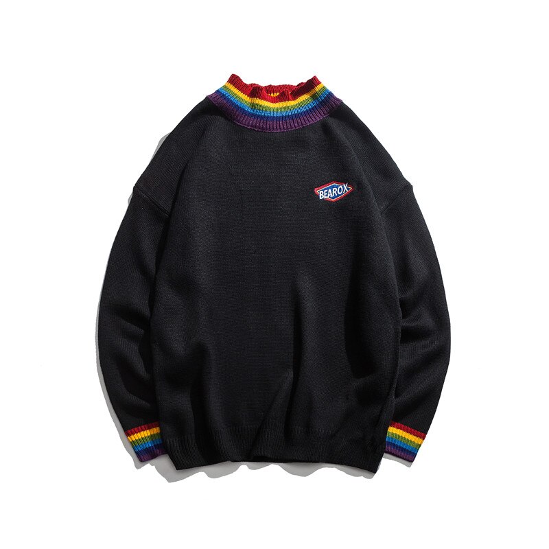Men's White/Black Knitted Pullover with Rainbow Collar